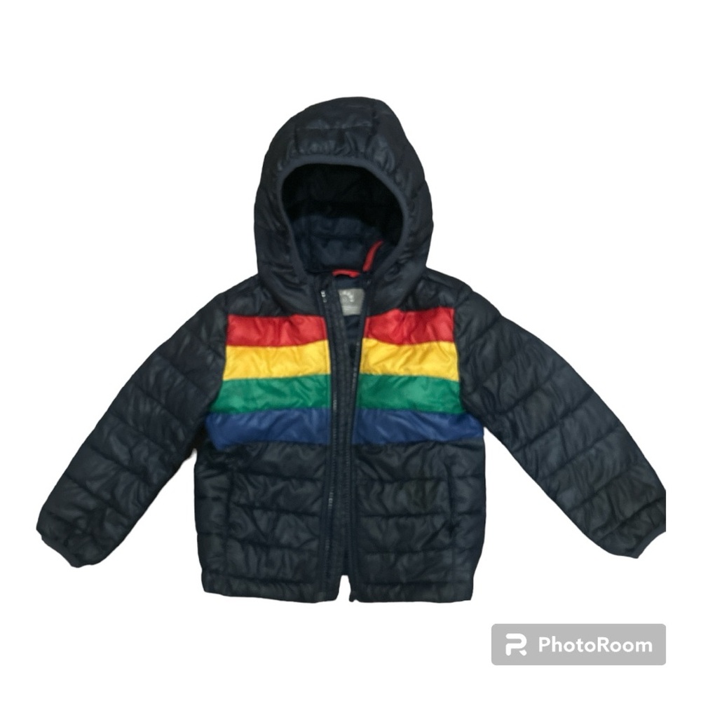 Primary navy blue and rainbow zip up puffer jacket with sleeves age 3t fits 2-4